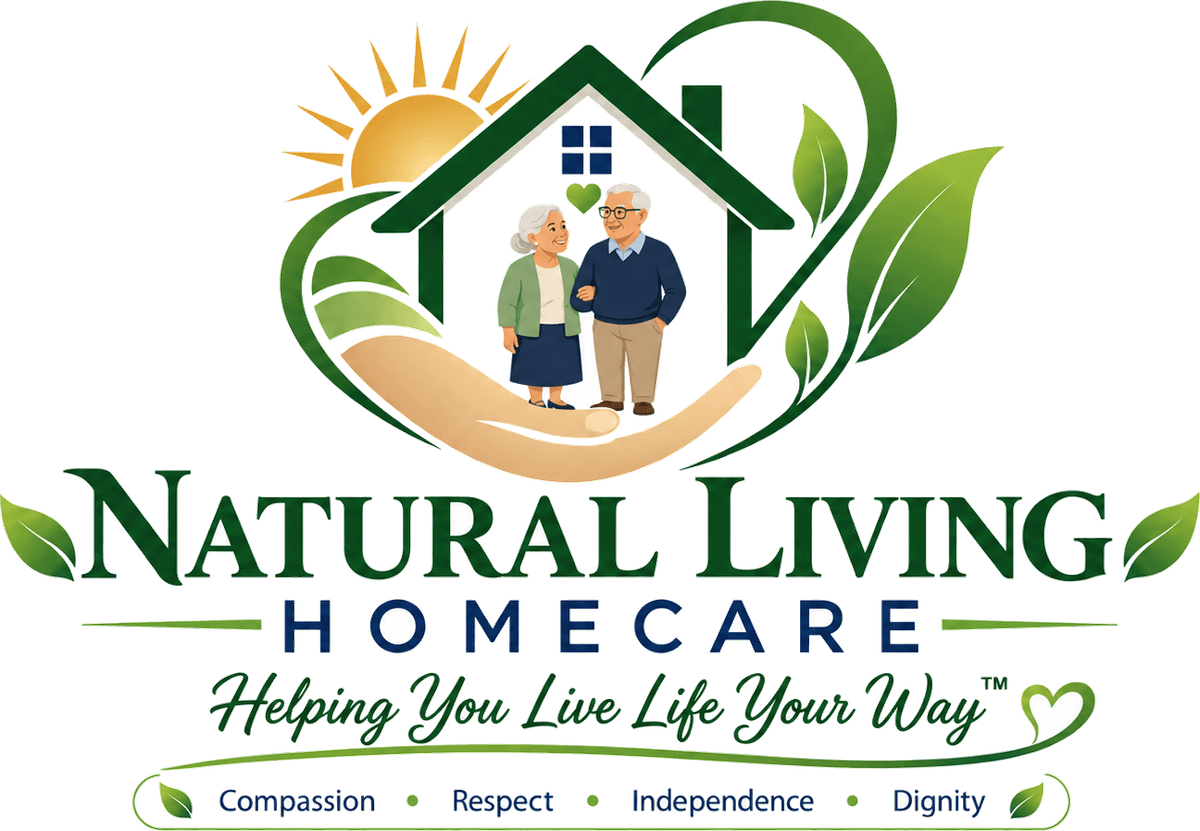The Natural Living Homecare logo: an older couple inside a home held in a cupped hand, with the words Natural Living Homecare, Helping You Live Life Your Way, and the values compassion, respect, independence and dignity