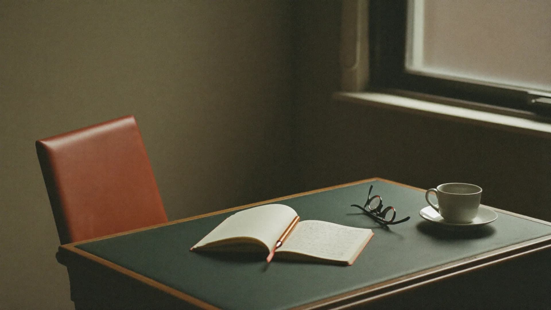 A quiet home office desk with a notebook, reading glasses and a cup of tea